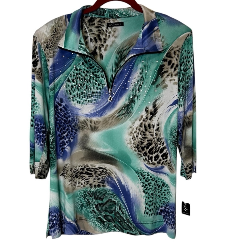 Klaveli Blue and Green 3/4 Sleeve Blouse. NWT